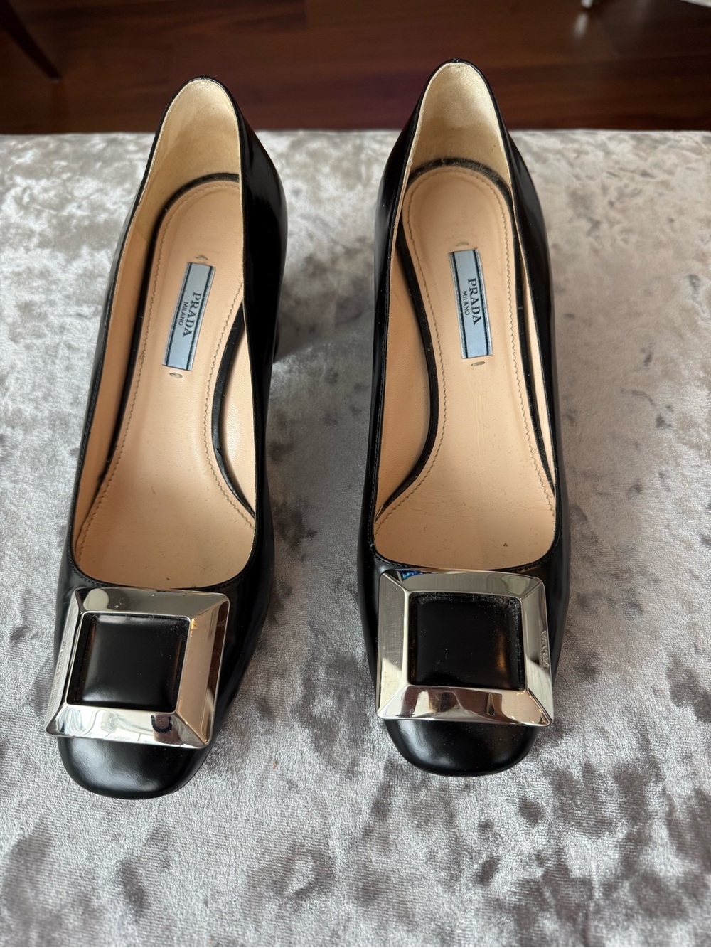 Prada Black Leather Pumps with Silver Buckle Accent